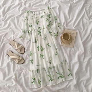 Short-sleeve Ruched Printed Dress White - One Size