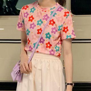 Flower Print Short-sleeve Top Pink - One Size