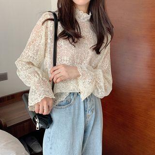 Bell Sleeve Stand Collar Lace Top