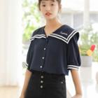 Elbow-sleeve Striped Trim Wide Collar Buttoned Top Navy Blue - One Size