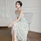 Lace Elbow-sleeve Midi A-line Dress / Strappy Dress