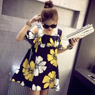 Short-sleeve Cold-shoulder Floral Print Mini A-line Dress Black - One Size