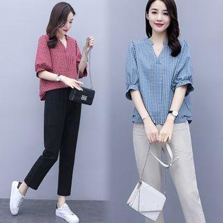 Set: Elbow-sleeve Plaid Blouse + Straight-fit Pants
