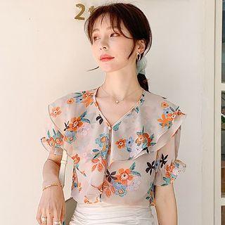 Floral Ruffle Trim V-neck Short-sleeve Blouse