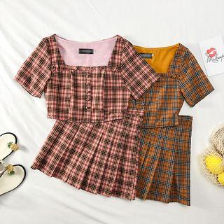 Set: Square-neck Plaid Top + Pleated Mini Skirt