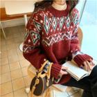 Color-block Long-sleeve Sweater Wine Red - One Size