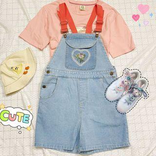 Flower Embroidered Denim Jumper Shorts / Denim Jumper Pants