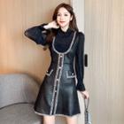 Long-sleeve Mock Two-piece Faux Leather Dress