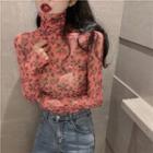 Long-sleeve Floral Print Turtleneck Lace Top