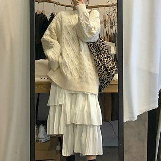 Cable-knit Sweater / Asymmetrical Midi Tiered Skirt / Set