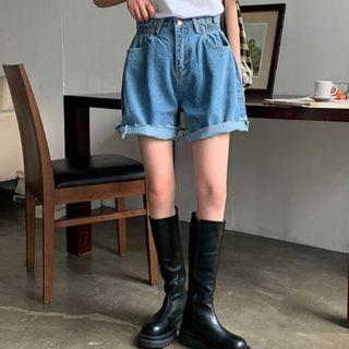 Band-trim Distressed Denim Shorts