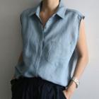 Hidden-button Sleeveless Linen Shirt Sky Blue - One Size