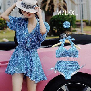 Set: Printed Frill Trim Elbow-sleeve Cover-up + Bikini