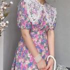 Crochet-lace Collar Printed Chiffon Dress Purplish Pink - One Size
