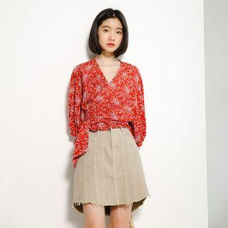 Floral Print 3/4-sleeve Wrap Blouse