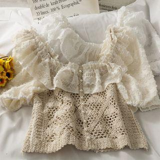 Patchwork Off-shoulder Crop Blouse