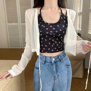 Long-sleeve Pointelle Cardigan / Halter-neck Floral Camisole Top