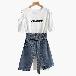 Set: Elbow-sleeve T-shirt Dress + Denim Skirt