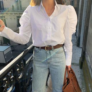 Puff-shoulder Plain Shirt White - One Size