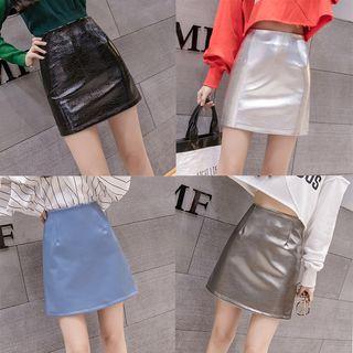 Faux Patent Leather High Waist Mini A-line Skirt
