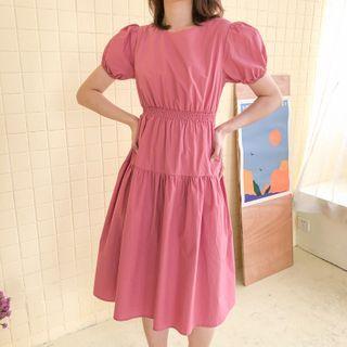 Plain Puff-sleeve Cutout-back Midi A-line Dress