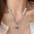 Heart Pendant Faux Pearl Stainless Steel Necklace 1 Pc - Heart Pendant Faux Pearl Stainless Steel Necklace - Silver - One Size