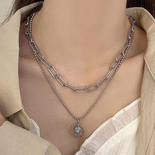 Rose Pendant Stainless Steel Layered Necklace 1 Pc - Rose Pendant Stainless Steel Layered Necklace - Silver - One Size