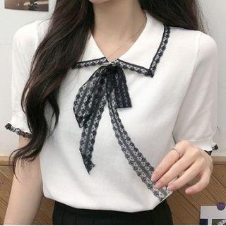 Lace Trim Tie-neck Short-sleeve Top