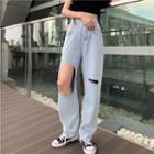 Plain Short-sleeve Slim-fit Cropped T-shirt / Distressed Loose-fit Jeans