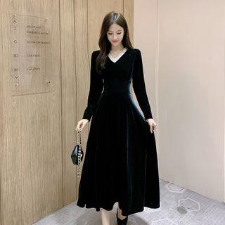 V-neck Long-sleeve Maxi A-line Velvet Dress