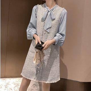 Faux Pearl Sleeveless Tweed Dress / Plain Blouse