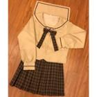 Long-sleeve Top / Plaid Pleated Mini Skirt