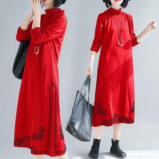 Mock Neck Midi Embroidered Pullover Dress