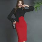 Two-tone Back Slit Long-sleeve Sheath Dress