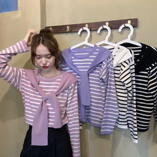 Long-sleeve Tie-front Striped Knit Top