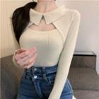 Long-sleeve Mock Two-piece Cutout Slim-fit Knit Top