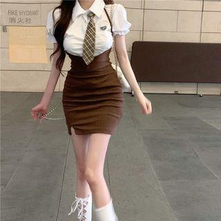 Puff-sleeve Shirt / Halter Slit Jumper Dress