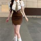 Puff-sleeve Shirt / Halter Slit Jumper Dress