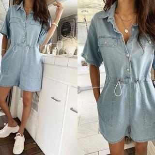 Drawstring-waist Denim Playsuit Light Blue - One Size
