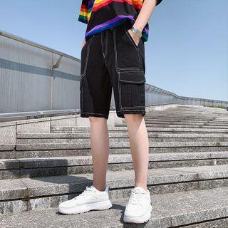 Contrast Stitching Straight-cut Denim Shorts