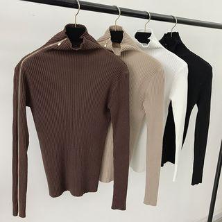 Side Zip Turtleneck Long Sleeve Knit Top