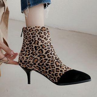 Leopard Print Panel Kitten Heel Short Boots