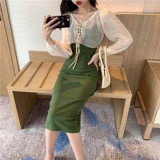 Long-sleeve Lace Up Cardigan / Spaghetti-strap Plain Dress