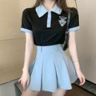 Short-sleeve Contrast Trim Polo Shirt / Pleated A-line Skirt