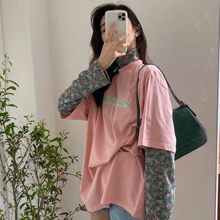 Elbow-sleeve T-shirt / Long-sleeve Floral Print Top