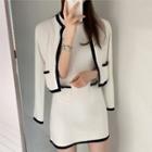 Set: Contrast Trim Cardigan + Sleeveless Mini Knit Sheath Dress