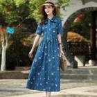 Short-sleeve Tie-neck Printed Midi A-line Dress