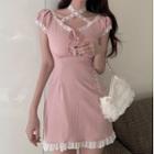 Short-sleeve Lace Trim A-line Dress Pink - One Size