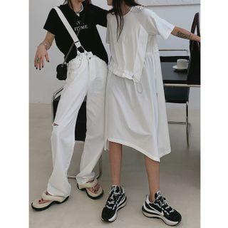 Short-sleeve Drawstring Panel A-line Dress