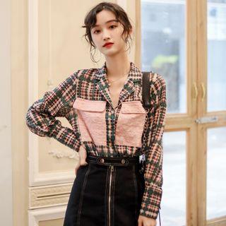 Plaid Chiffon Blouse / Front-zip A-line Mini Skirt
